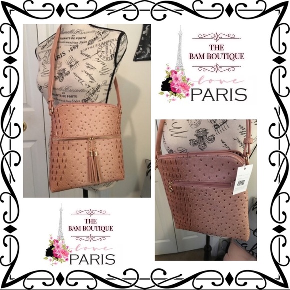 Handbags - Ostrich Embossed Tassel Zipper Pocket Crossbody